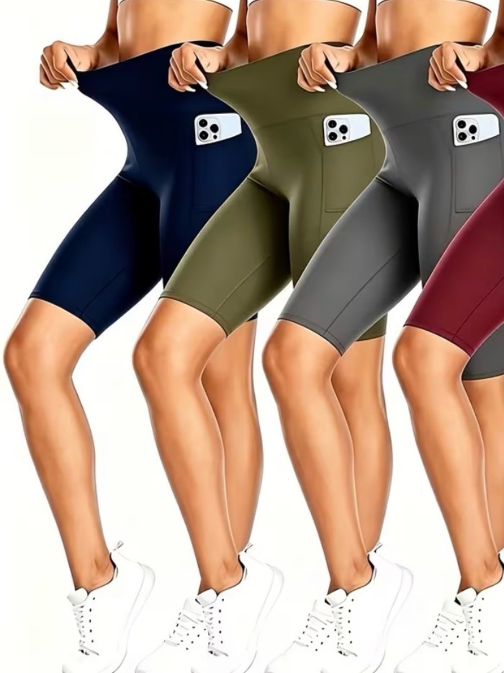 Lot of 4 pairs High-Waist Biker Shorts - Olive, Charcoal, Navy, Burgundy Size L